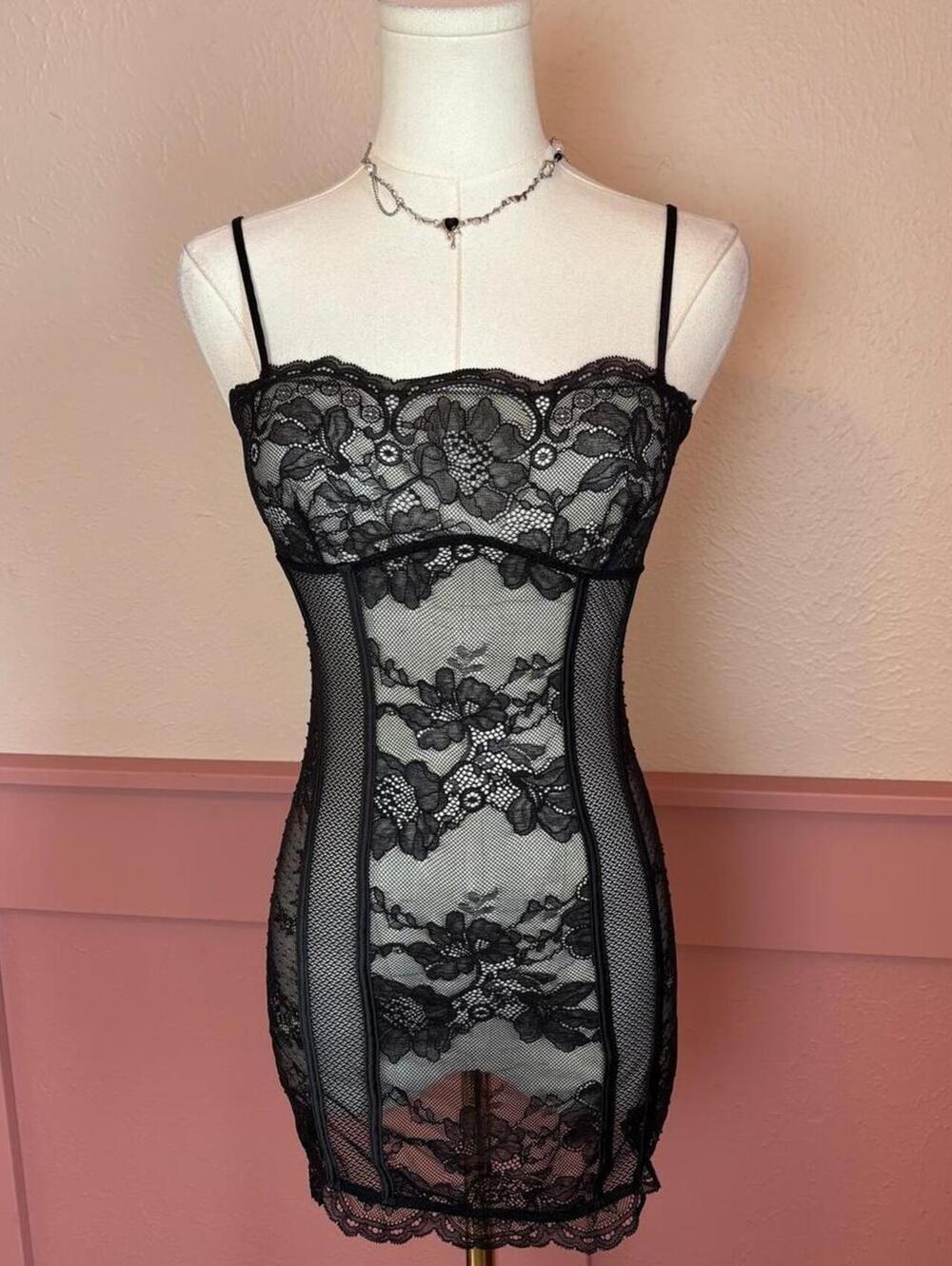 victoria’s secret black lace mini dress sheer corset back floral mesh